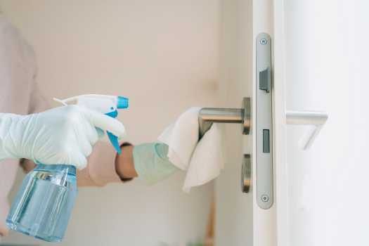 Woman cleaning a door handle with a disinfection spray